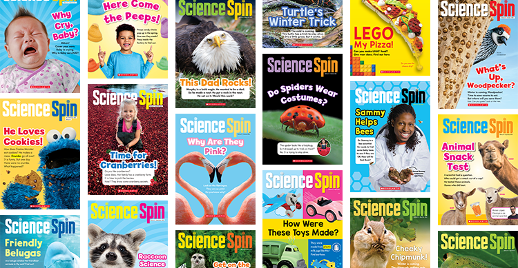 Collage of Science Spin magazine covers featuring animals, food, nature, and everyday science topics