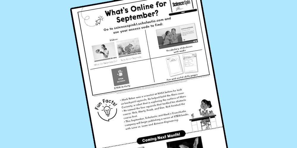 A Science Spin magazine page titled What's Online for September lists videos, vocabulary slideshows, and STEM activities